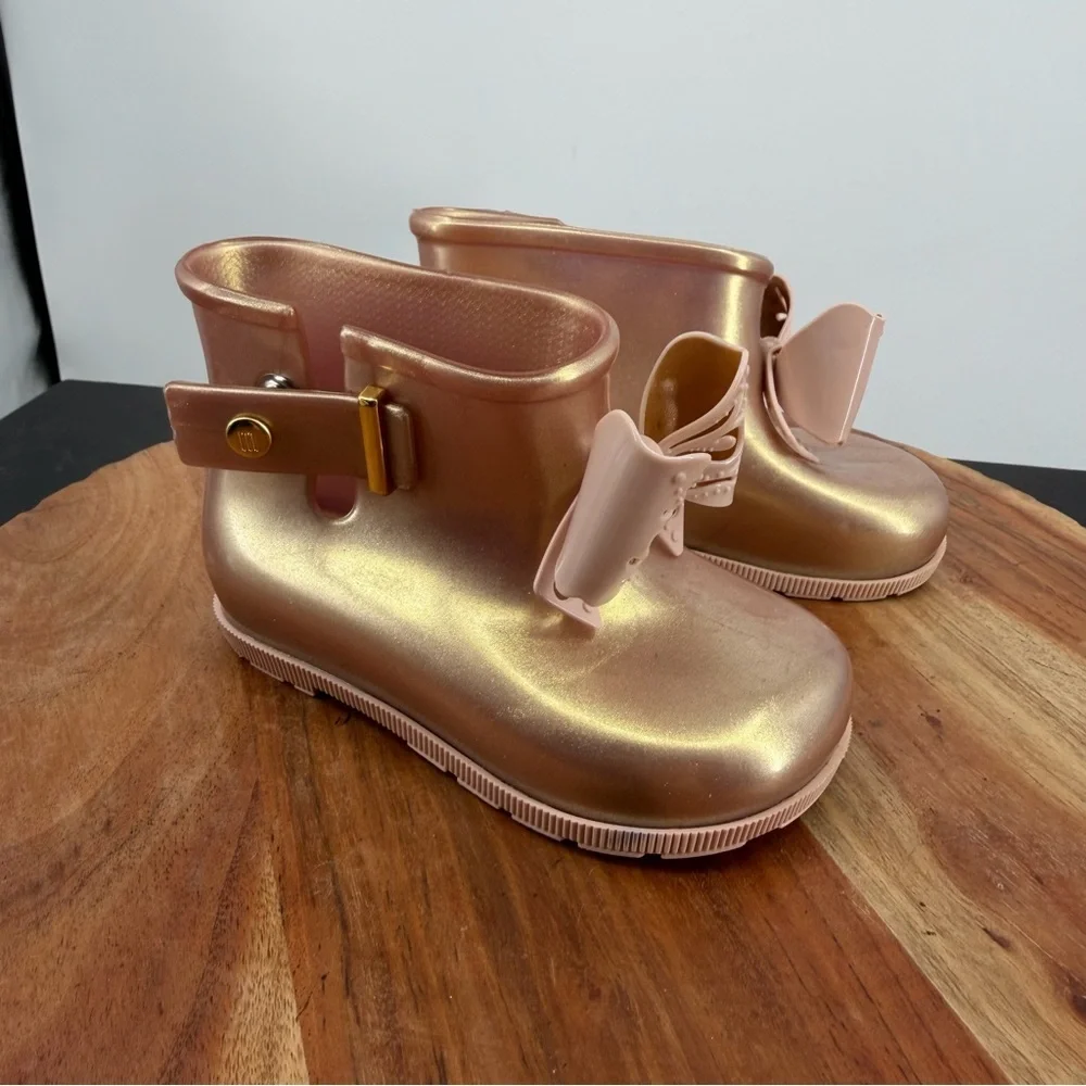 Mini Melissa Sugar Rain Bow boots rose gold glitter finish toddler girls sz‎ 8